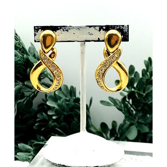 Vintage Style Gold-Tone Infinity Loop Crystal Earrings With Stud Backing & Clear - Picture 4 of 8